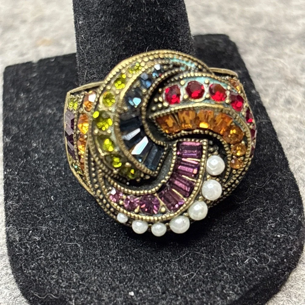 Heidi Daus Multicolor Crysal Swirl Statement Ring Faux Pearl Size 10 NIB